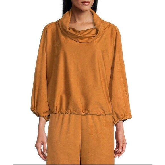 Bryn Walker Top blouse GOLDEN Giovanna Stretch Faux Suede Cowl Neck - Picture 9 of 10